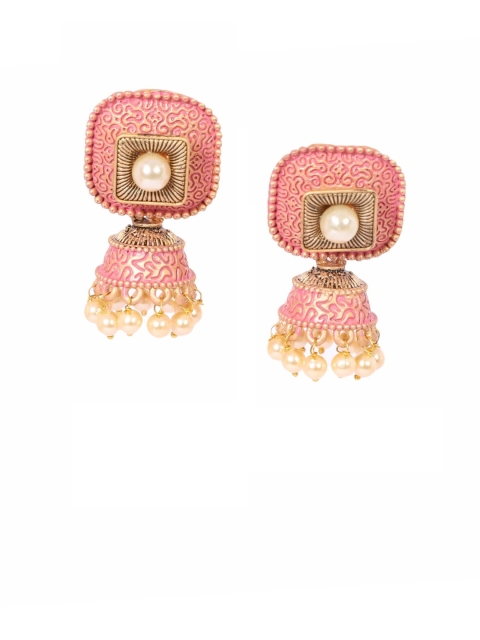 

justpeachy Pink Ethnic Meenkari Jhumkas With Pearl Embellishment