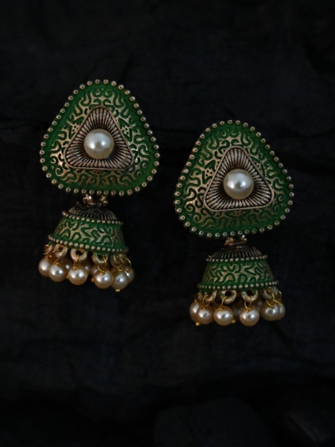 

justpeachy Green Ethnic Meenkari Jhumkas With Pearl Embellishment