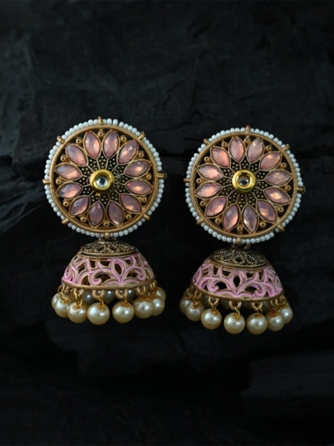 

justpeachy Pink Gold-Plated Ethnic Jhumkas With Artificial Stone Embellishment