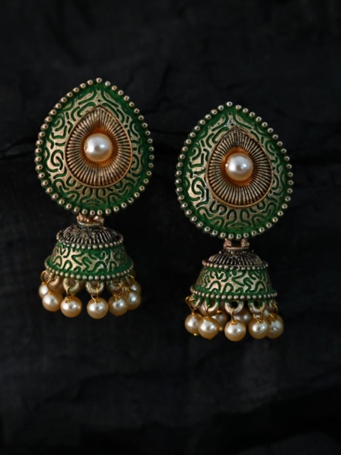 

justpeachy Green Ethnic Meenkari Jhumkas With Pearl Embellishment