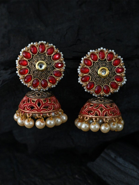 

justpeachy Red Gold-Plated Ethnic Jhumkas With Artificial Stone Embellishment