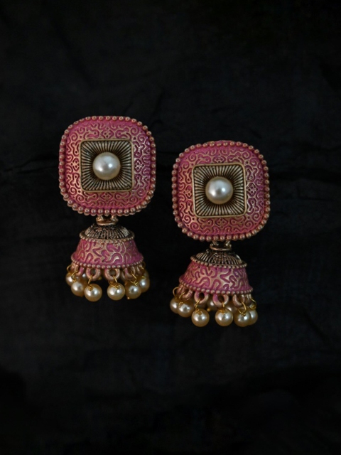 

justpeachy Pink Ethnic Meenkari Jhumkas With Pearl Embellishment