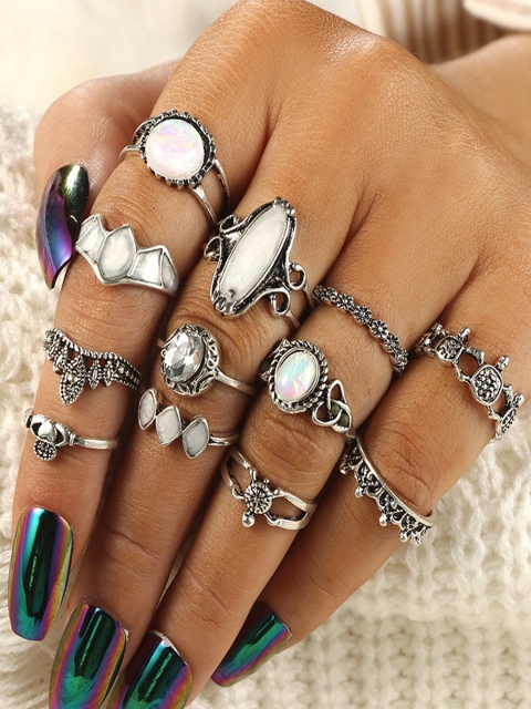 

Shining Diva Fashion Set Of 12 Silver-Plated White Crystal-Studded Finger Ring