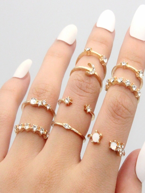

Shining Diva Women Set Of 9 Gold-Plated & White Finger Rings