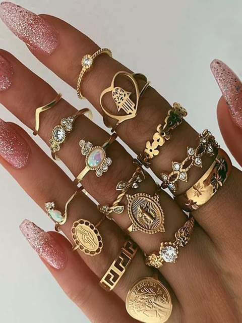 

Shining Diva Fashion Set Of 15 Gold-Plated Finger Rings