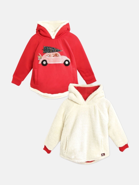 

Cherry Crumble Unisex Kids Red Reversible Embroidered Hooded Sweatshirt