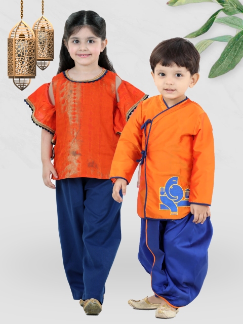 

BownBee Boys Orange & Navy Blue Printed Angrakha Pure Cotton Kurta With Dhoti Pants