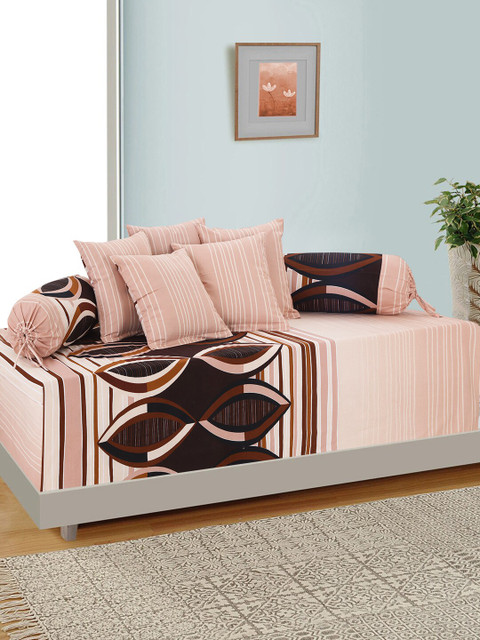 

Salona Bichona Set Of 8 Peach-Coloured & Brown Printed Pure Cotton Single Bedsheet With Bolster Covers & Cushion Covers
