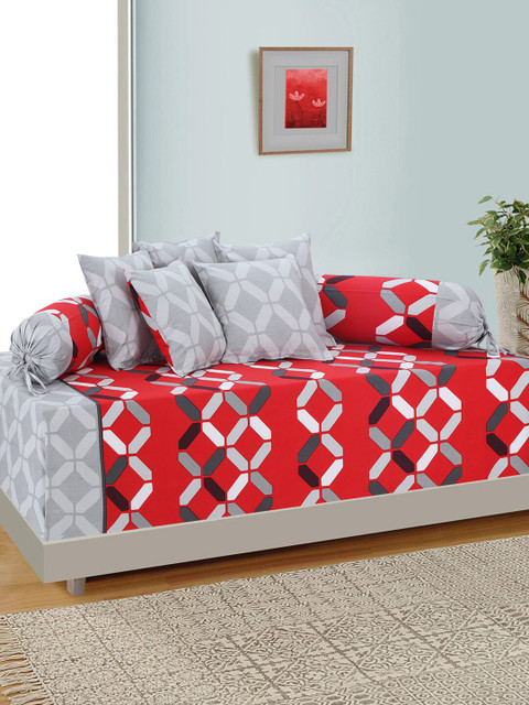 

Salona Bichona Set Of 8 Red & Grey Printed 120TC Pure Cotton Diwan Set With Bolsters & Cushions