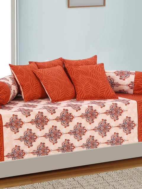 

Salona Bichona Set Of 8 Printed Printed 120 TC Pure Cotton Diwan Set, Orange