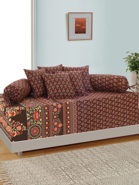 

Salona Bichona Set Of 8 Brown & Orange Floral Printed Pure Cotton 144TC Bedsheet With Bolster & Cushion Covers