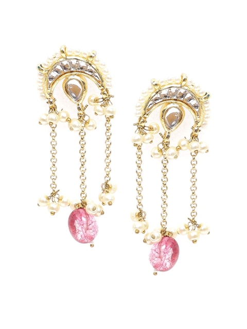 

Biba Pink & Gold-Toned Pearl Beaded & Kundan Studded Contemporary Drop Earrings