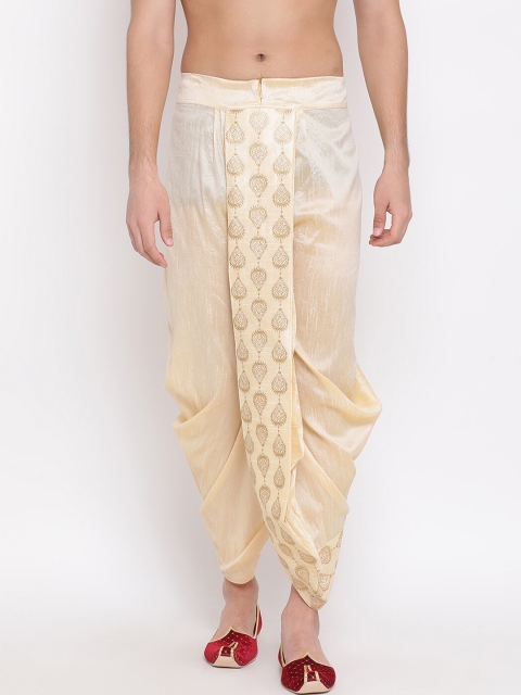 

VASTRAMAY Men Beige & Gold-Coloured Embroidered Silk Dhoti