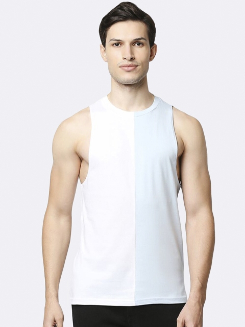 

Bewakoof Men White & Blue Colourblocked Sleeveless Deep Armhole Cotton T-shirt