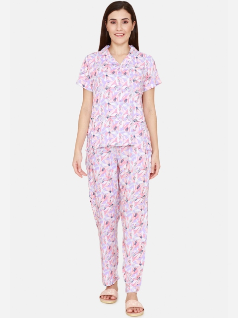 

Zivame Women Purple & Pink Printed Night suit