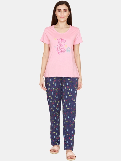 

Zivame Women Blue & Pink Printed Pure Cotton Night suit