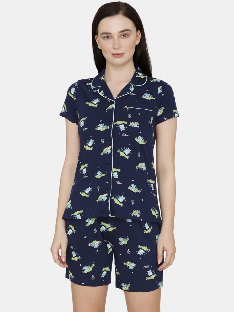 

Zivame Women Navy Blue & Blue Printed Night suit