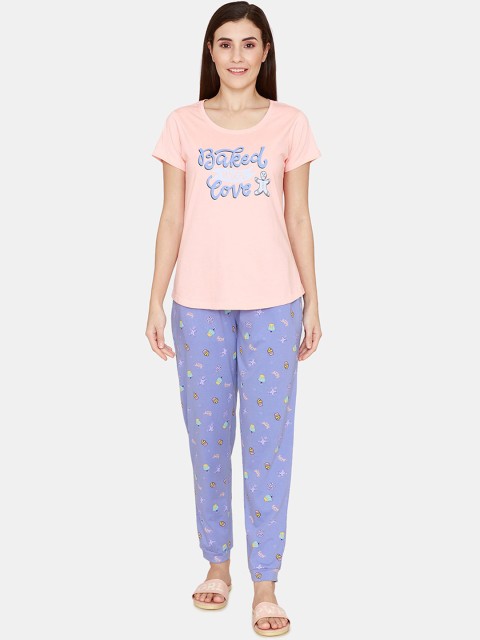 

Zivame Women Blue & Pink Printed Pure Cotton Night suit