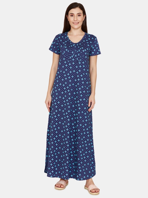 

Zivame Blue Printed Pure Cotton Maxi Nightdress