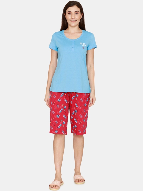 

Zivame Women Red & Turquoise Blue Printed Night suit