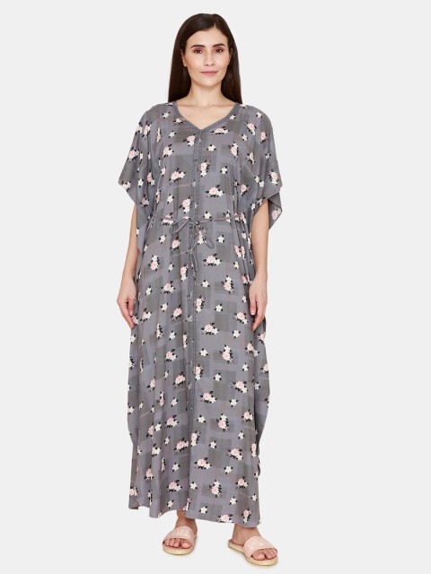 

Zivame Women Grey Printed Maxi kaftan Nightdress