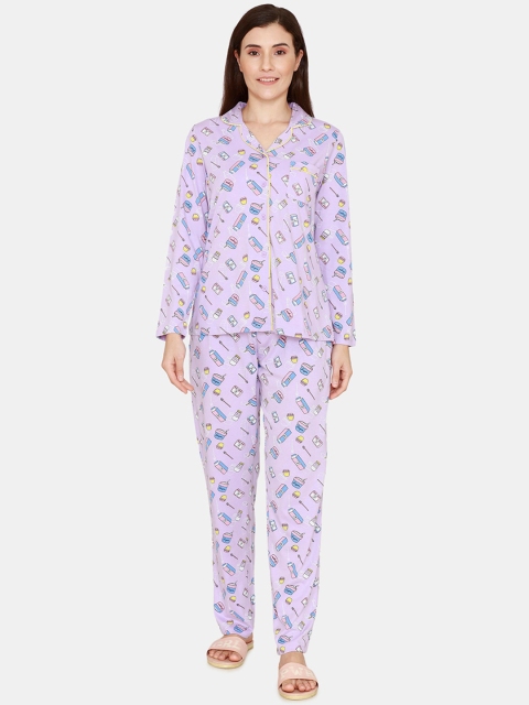 

Zivame Women Purple & Blue Printed Pure Cotton Night suit