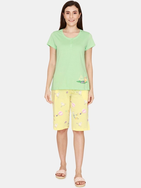 

Zivame Women Yellow & Green Printed Night suit