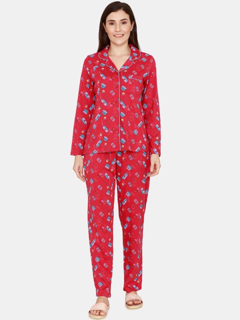 

Zivame Women Red & Blue Printed Night suit