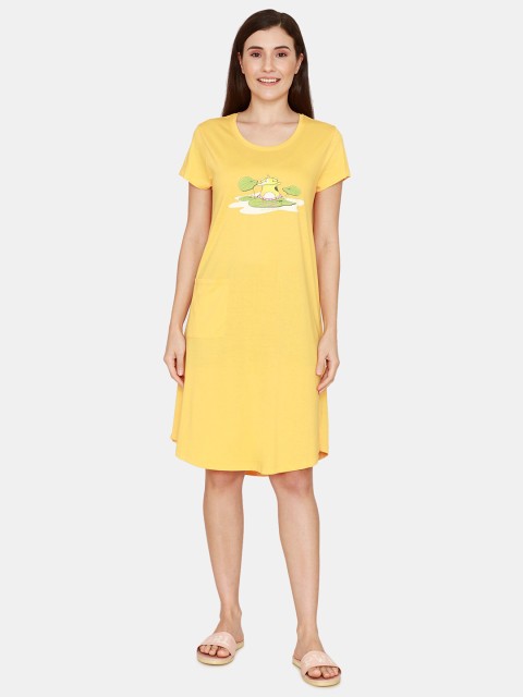 

Zivame Women Yellow & Green Graphic Printed Pure Cotton T-Shirt Nightdress