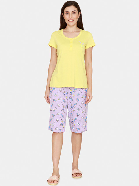 

Zivame Women Purple & Yellow Printed Pure Cotton Night suit