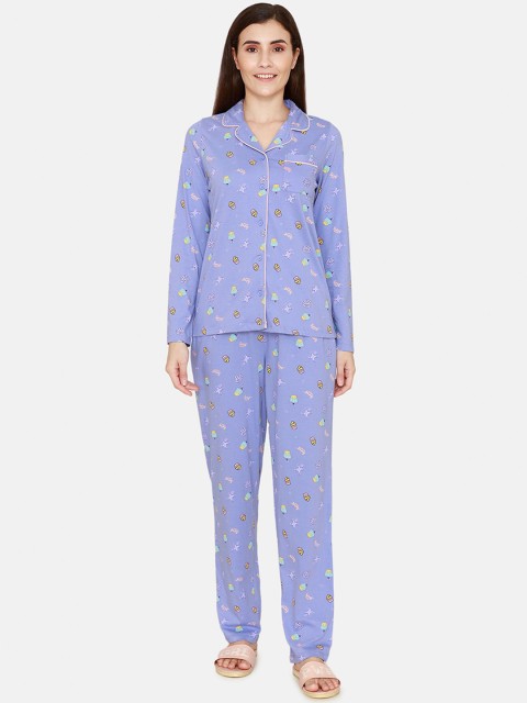 

Zivame Women Blue & Pink Printed Pure Cotton Night Suit