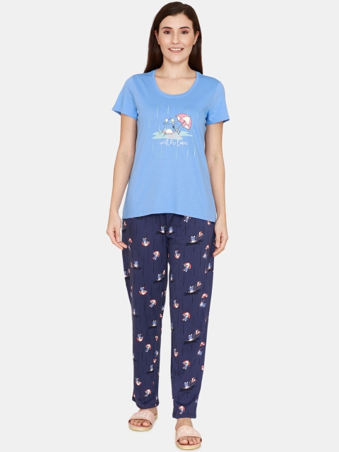 

Zivame Women Blue & Pink Printed Pure Cotton Night suit