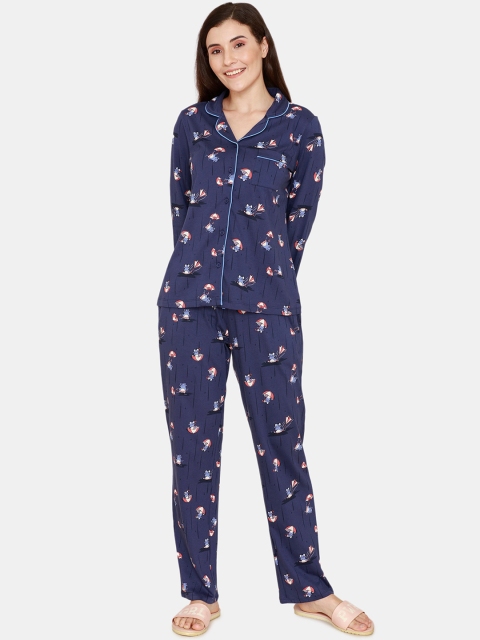 

Zivame Women Blue & Brown Printed Night suit