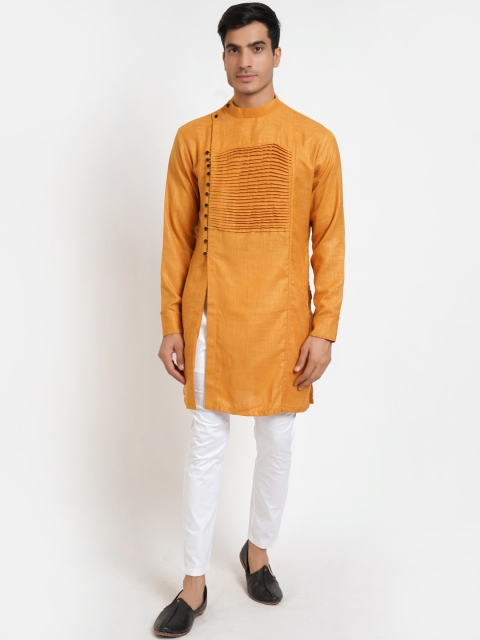 

SG LEMAN Men Mustard Yellow Self Design Angrakha Pure Cotton Kurta with Pyjamas