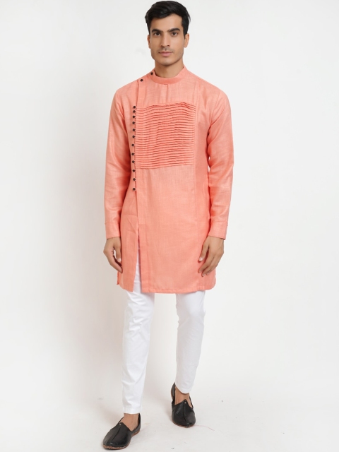 

SG LEMAN Men Peach-Coloured Angrakha Pure Cotton Kurta with Pyjamas