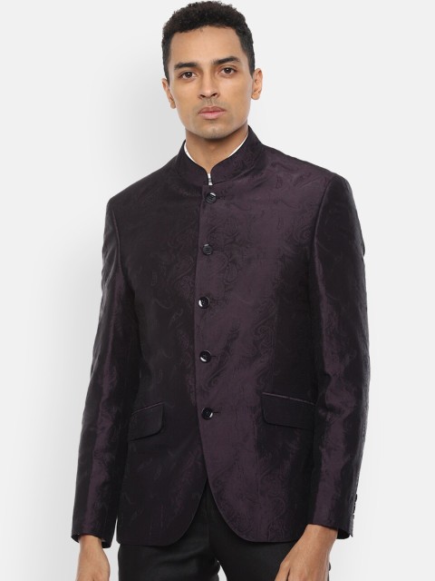 

V Dot Men Purple Self Design Single Breasted Slim-Fit Bandhgala Blazer
