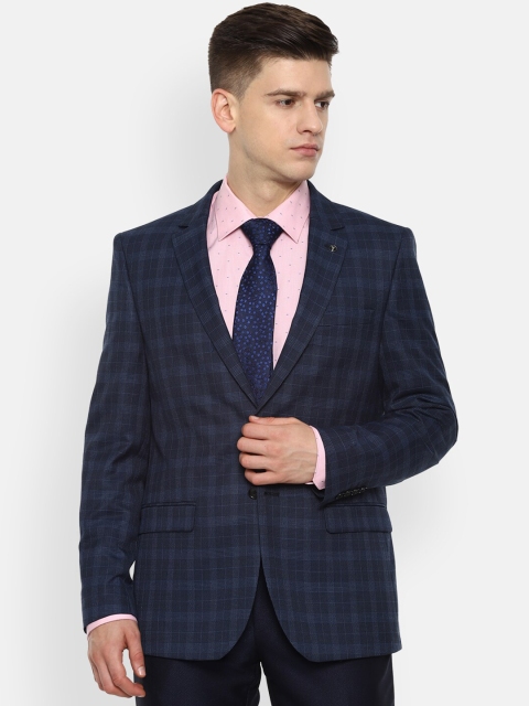 

Van Heusen Men Navy Blue & Grey Checked Slim-Fit Single-Breasted Formal Blazer