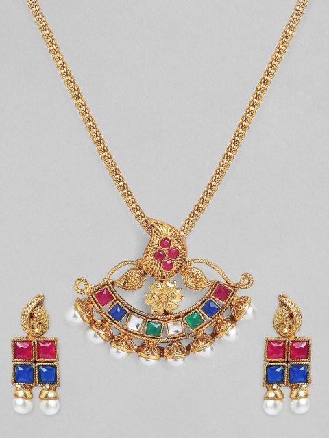 

Anouk Gold-Plated & Blue & Pink Stone Studded Handcrafted Necklace Set