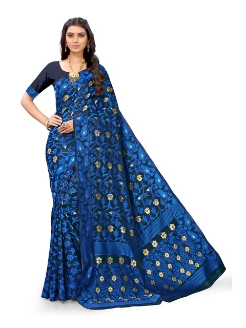 

Mitera Navy Blue & Gold-Coloured Floral Zari Silk Blend Banarasi Saree