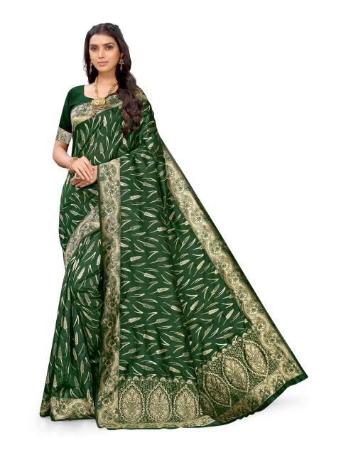 

Mitera Green & Gold-Toned Woven Design Zari Silk Blend Banarasi Saree