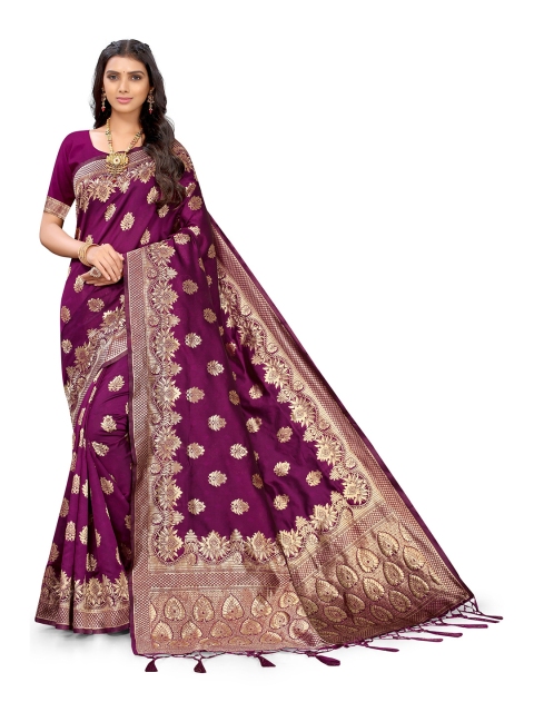 

Mitera Purple & Gold-Toned Woven Design Zari Silk Blend Heavy Work Banarasi Saree