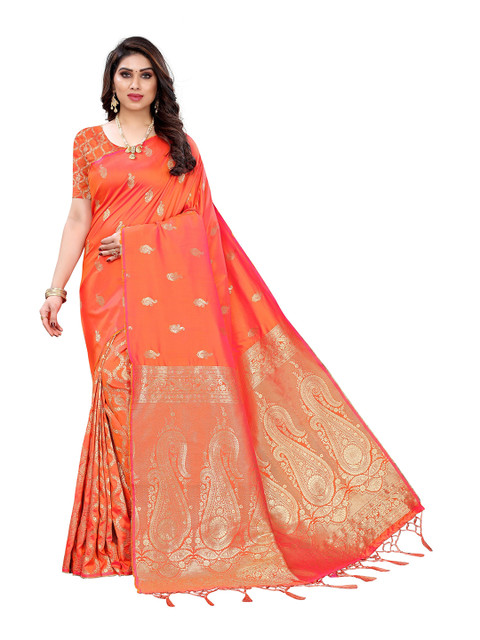 

Mitera Women Orange & Gold-Toned Ethnic Motifs Woven Design Sareee