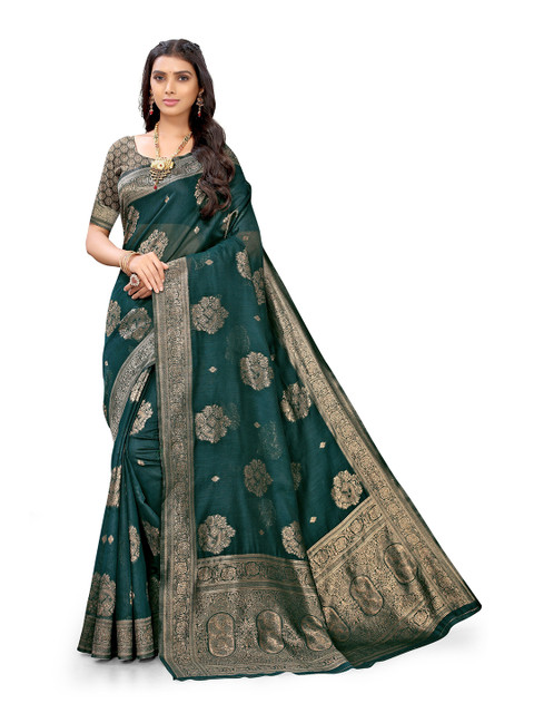 

Mitera Teal Green & Gold-Toned Woven Design Silk Blend Banarasi Saree