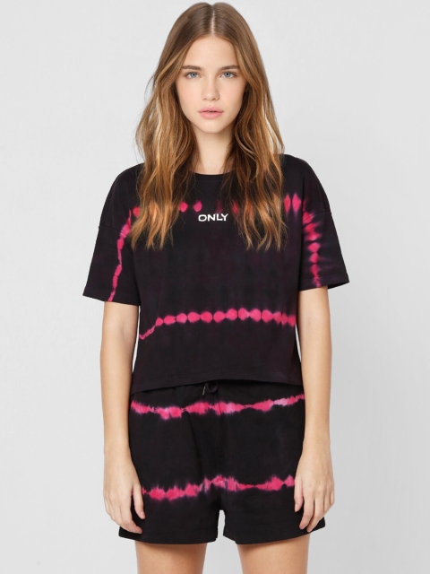 

ONLY Women Black Striped Extended Sleeves Tie and Dye T-shirt