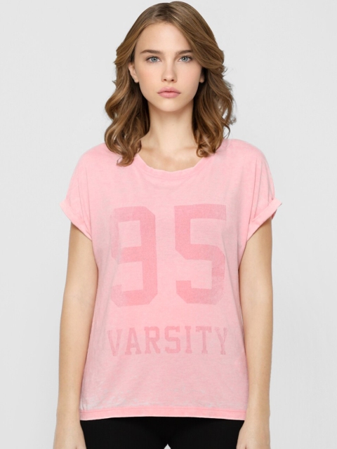 

ONLY Women Pink Typography Printed Extended Sleeves Pockets T-shirt