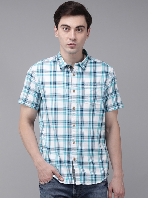 

BEAT LONDON by PEPE JEANS Men Blue & White Slim Fit Opaque Checked Casual Shirt