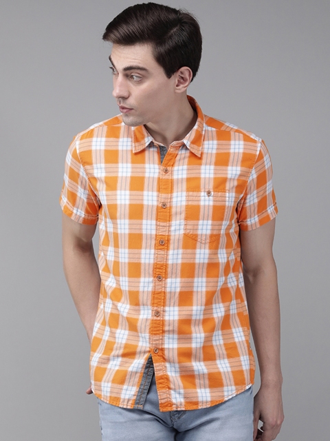 

BEAT LONDON by PEPE JEANS Men Orange FROST SS IP Slim Fit Checked Pure Cotton Casual Shirt