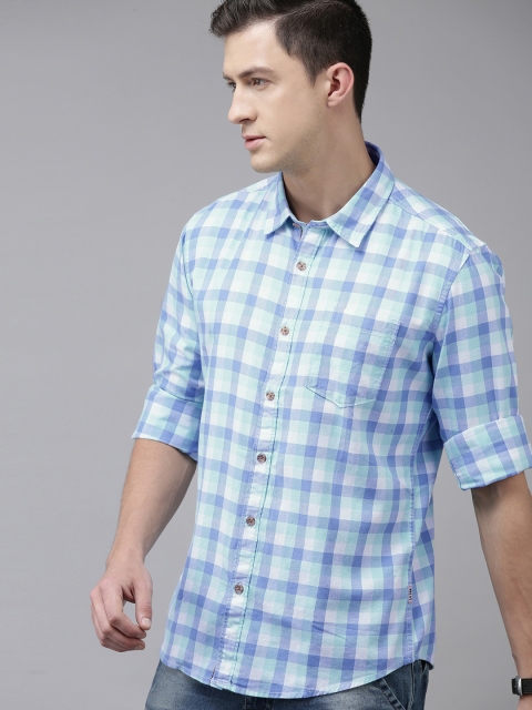 

BEAT LONDON by PEPE JEANS Men Blue Slim Fit Checked Pure Cotton Casual Shirt