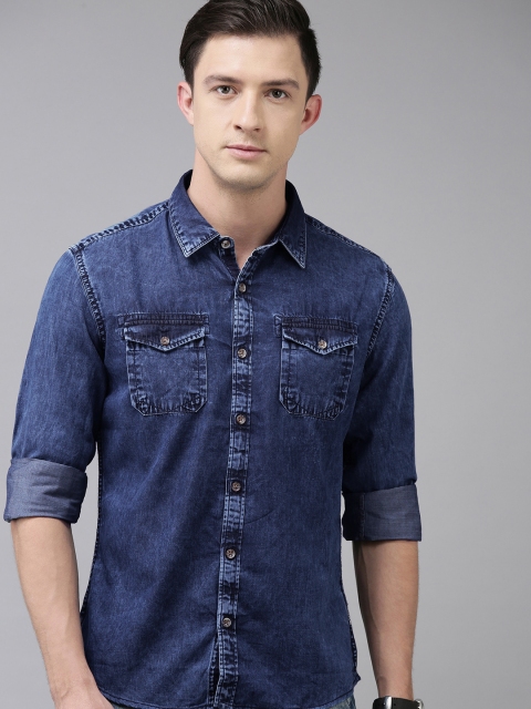 

BEAT LONDON by PEPE JEANS Men Blue Slim Fit Solid Pure Cotton Casual Denim Shirt
