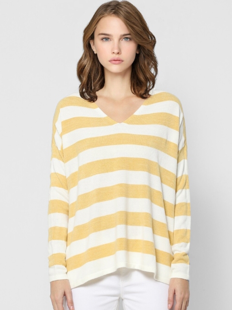 

ONLY Women Yellow & White Striped Acrylic Pullover Sweater